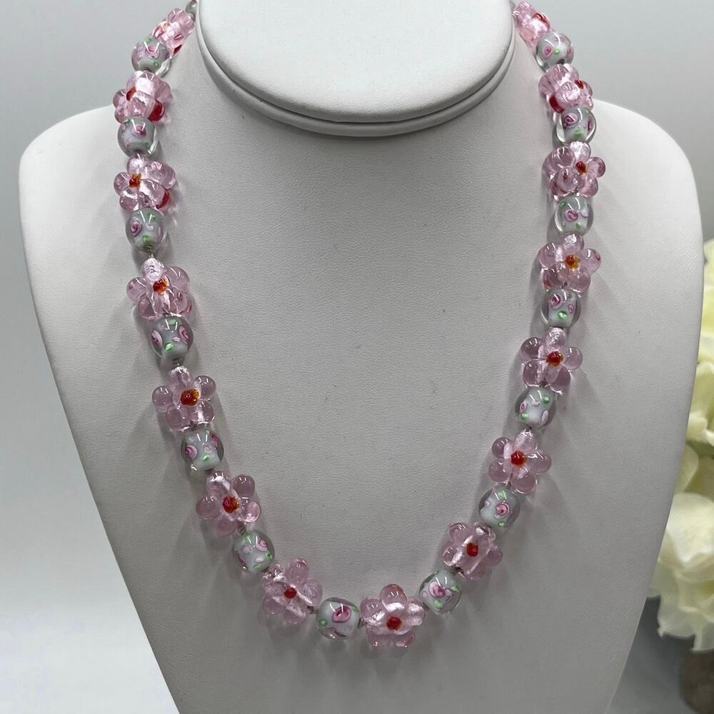 Pink Gray‎ White Floral Lampwork Glass Cherry Blossom Bead Hand Knotted Necklace